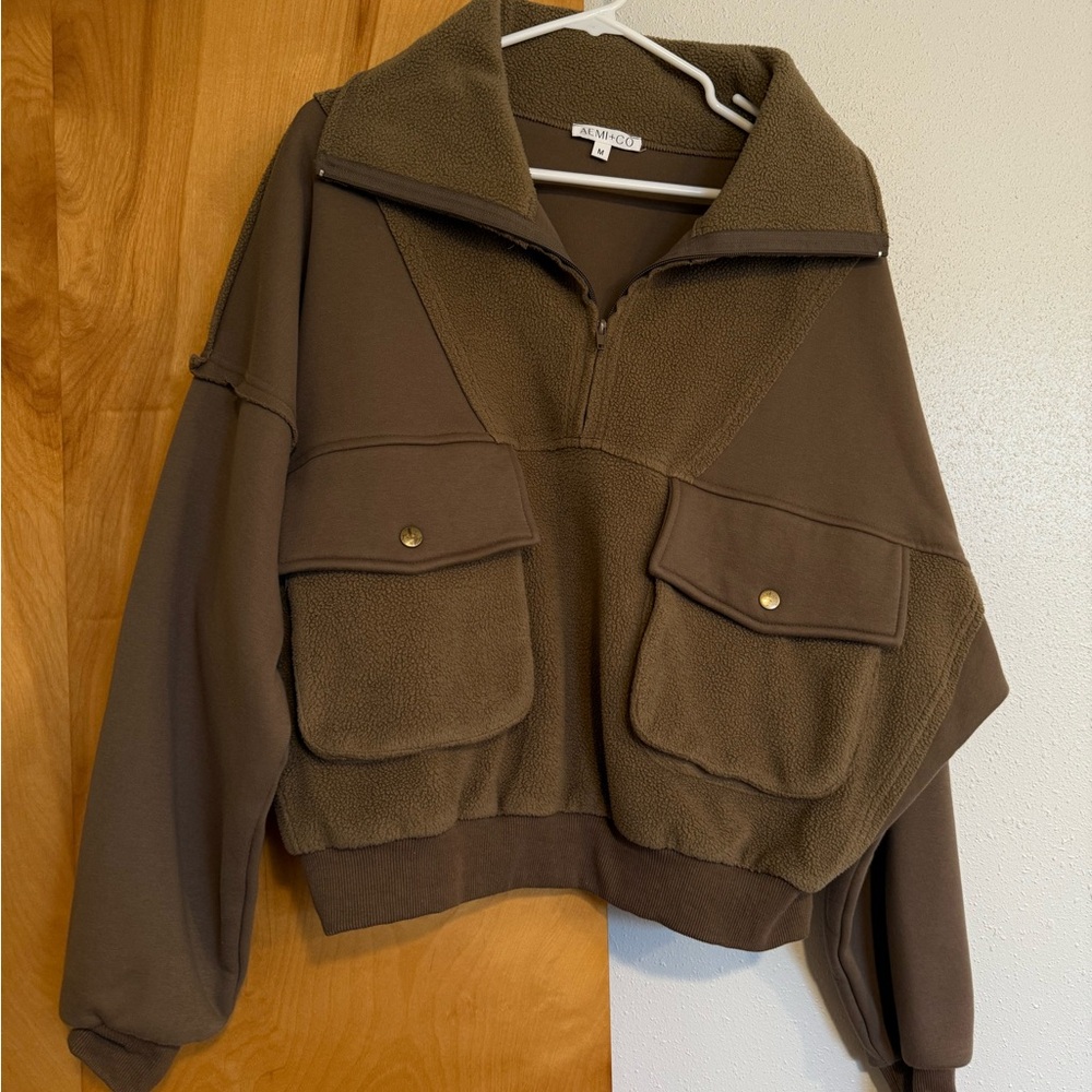 Brown Quarter-Zip Pullover with Pockets
